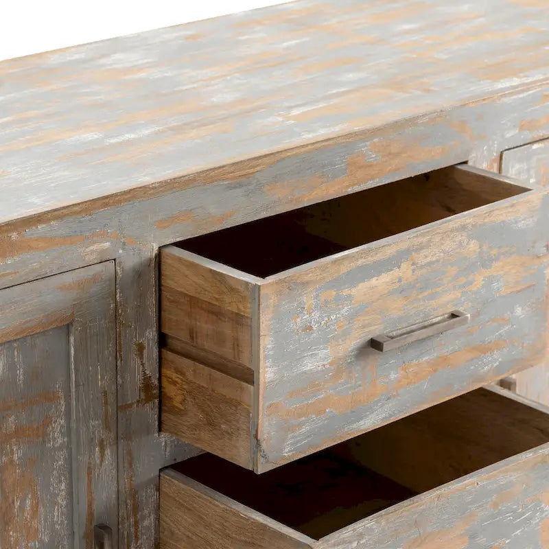 Grey Whitewashed Hand Distressed Wood Sideboard with Storage Drawers and Cabinets