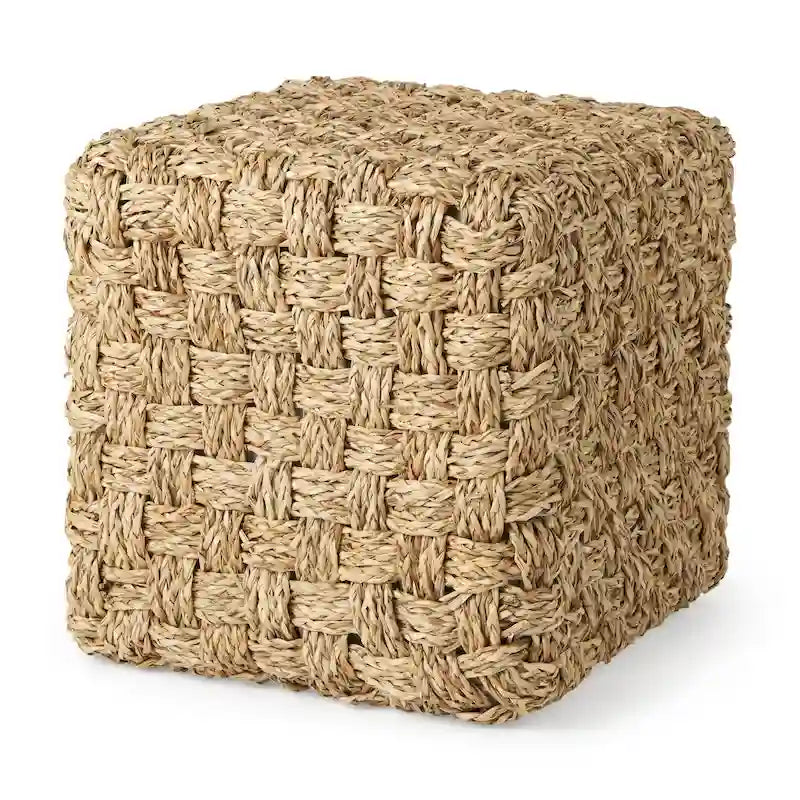 Square Woven Seagrass Pouf Ottoman Natural Brown Boho Accent