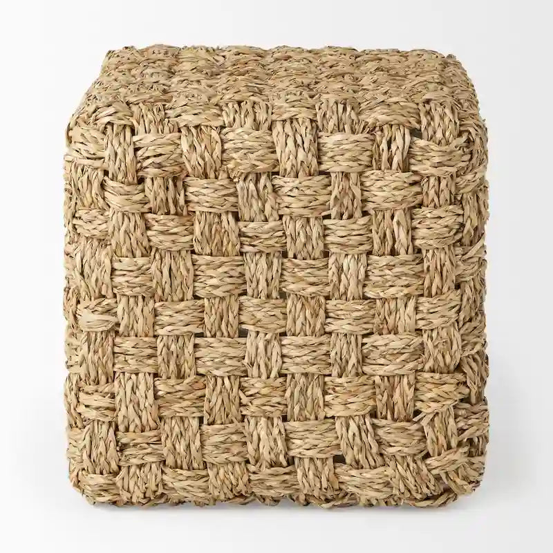 Pouf ottoman carré en jonc de mer tressé, accent bohème marron naturel