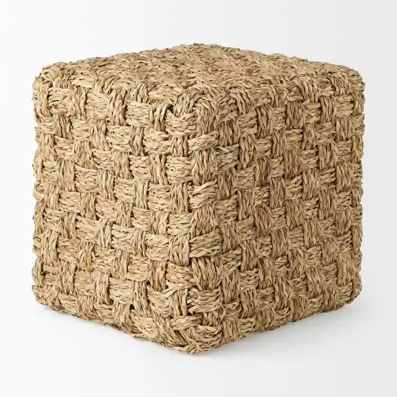 Pouf ottoman carré en jonc de mer tressé, accent bohème marron naturel