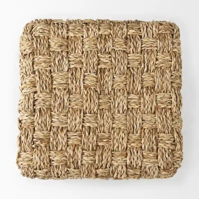 Pouf ottoman carré en jonc de mer tressé, accent bohème marron naturel