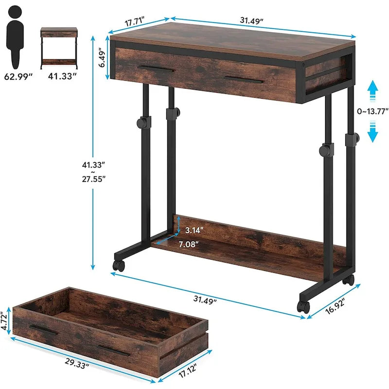 Table d'appoint roulante en C, marron rustique, réglable en hauteur, avec tiroir et étagère de rangement