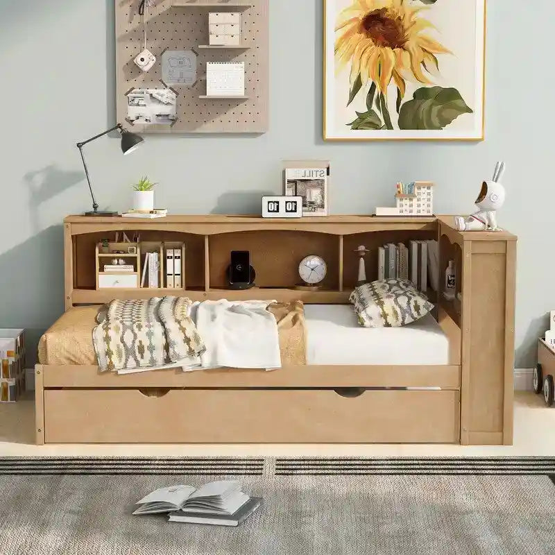 Solid Wood Twin Daybed with Trundle, Storage Cabinets and USB Charging