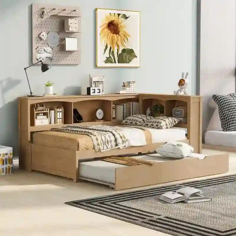 Solid Wood Twin Daybed with Trundle, Storage Cabinets and USB Charging
