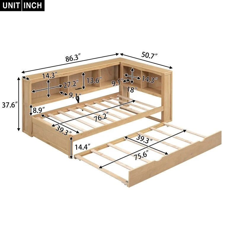 Lit de repos double en bois massif avec lit gigogne, armoires de rangement et chargement USB