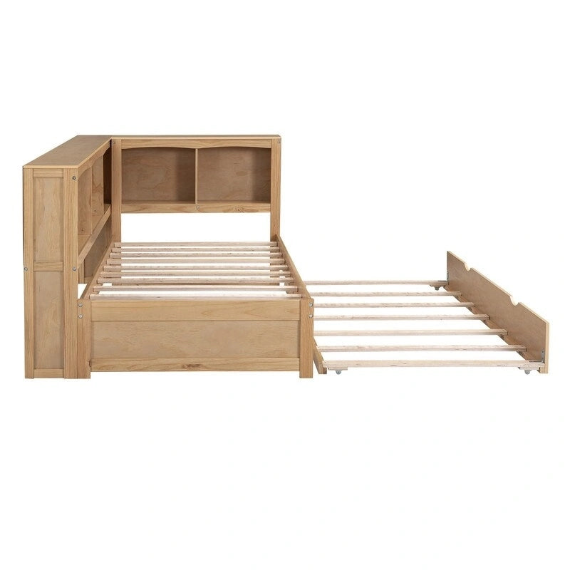Lit de repos double en bois massif avec lit gigogne, armoires de rangement et chargement USB