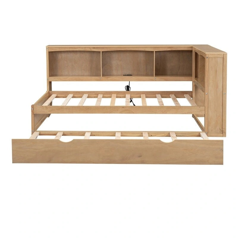 Lit de repos double en bois massif avec lit gigogne, armoires de rangement et chargement USB