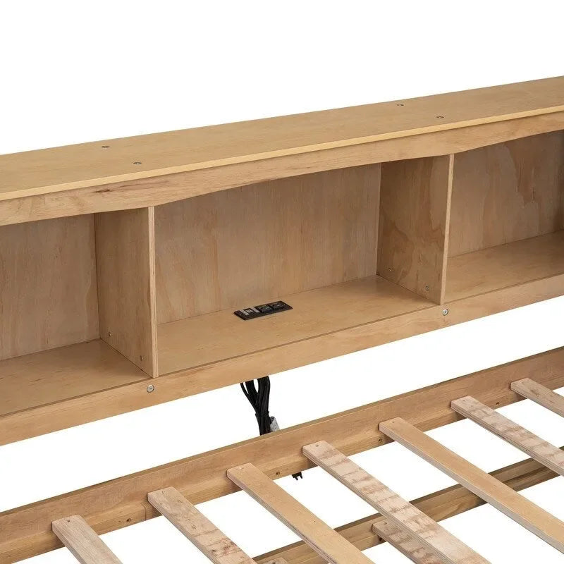Lit de repos double en bois massif avec lit gigogne, armoires de rangement et chargement USB