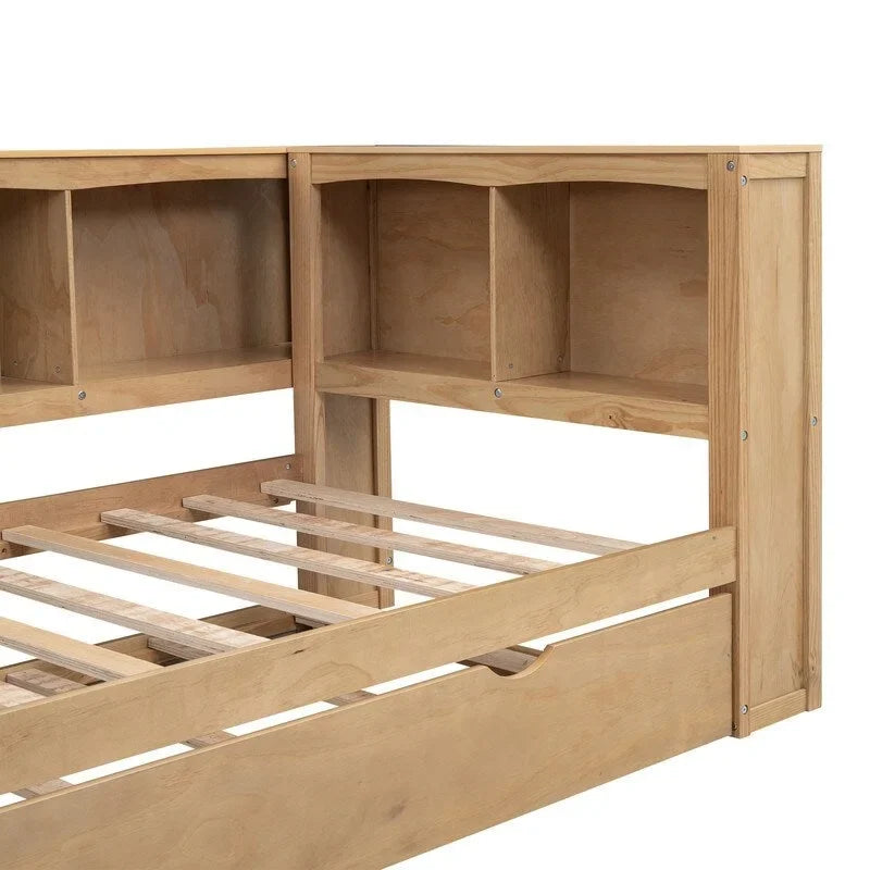 Lit de repos double en bois massif avec lit gigogne, armoires de rangement et chargement USB