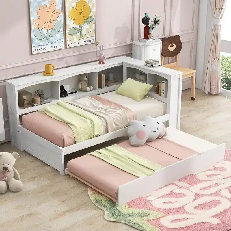 Lit de repos double en bois massif avec lit gigogne, armoires de rangement et chargement USB