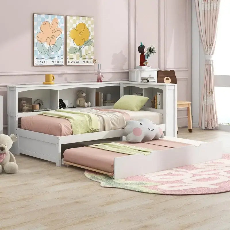 Lit de repos double en bois massif avec lit gigogne, armoires de rangement et chargement USB