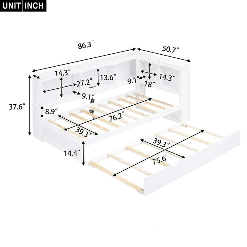 Lit de repos double en bois massif avec lit gigogne, armoires de rangement et chargement USB