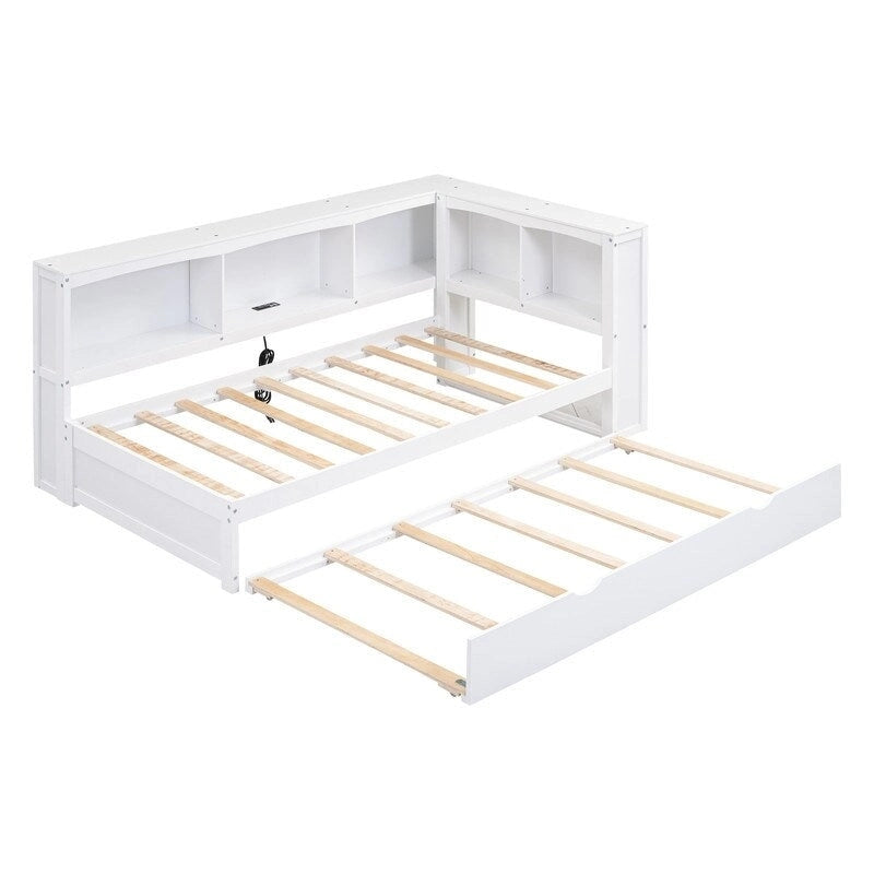 Lit de repos double en bois massif avec lit gigogne, armoires de rangement et chargement USB