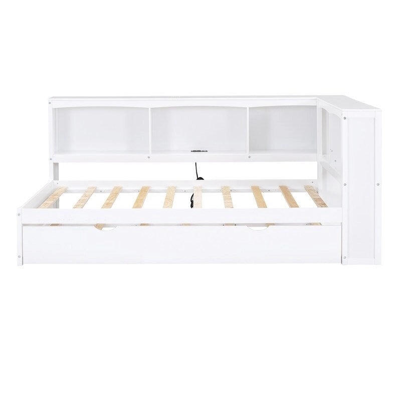 Lit de repos double en bois massif avec lit gigogne, armoires de rangement et chargement USB