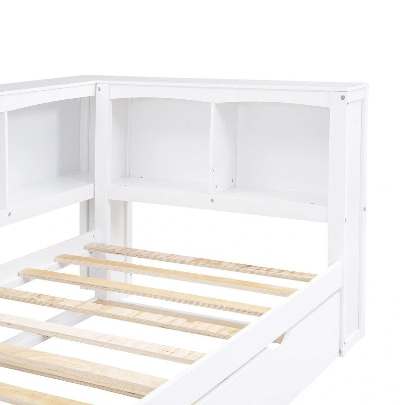 Lit de repos double en bois massif avec lit gigogne, armoires de rangement et chargement USB