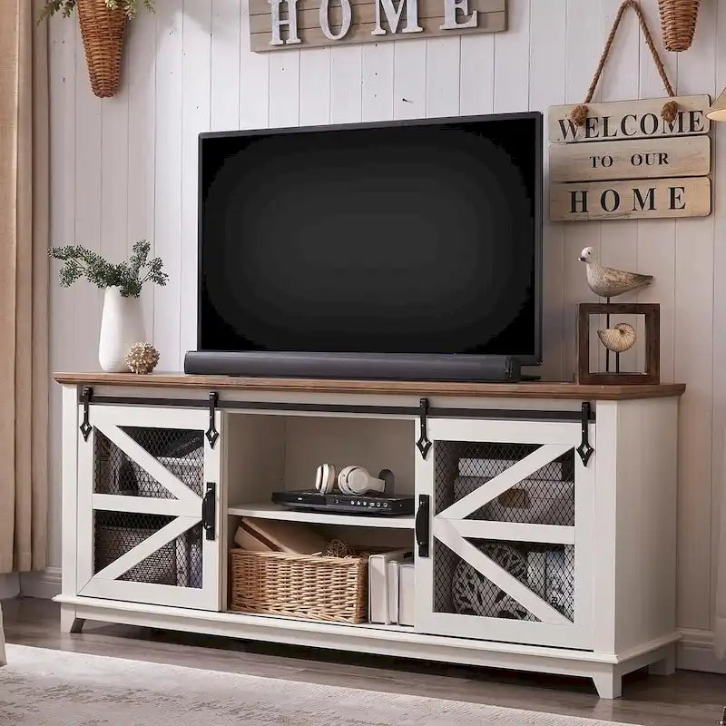 Farmhouse Sliding Barn Door TV Stand with Mesh Cabinet Doors and Adjustable Shelves Antique White
