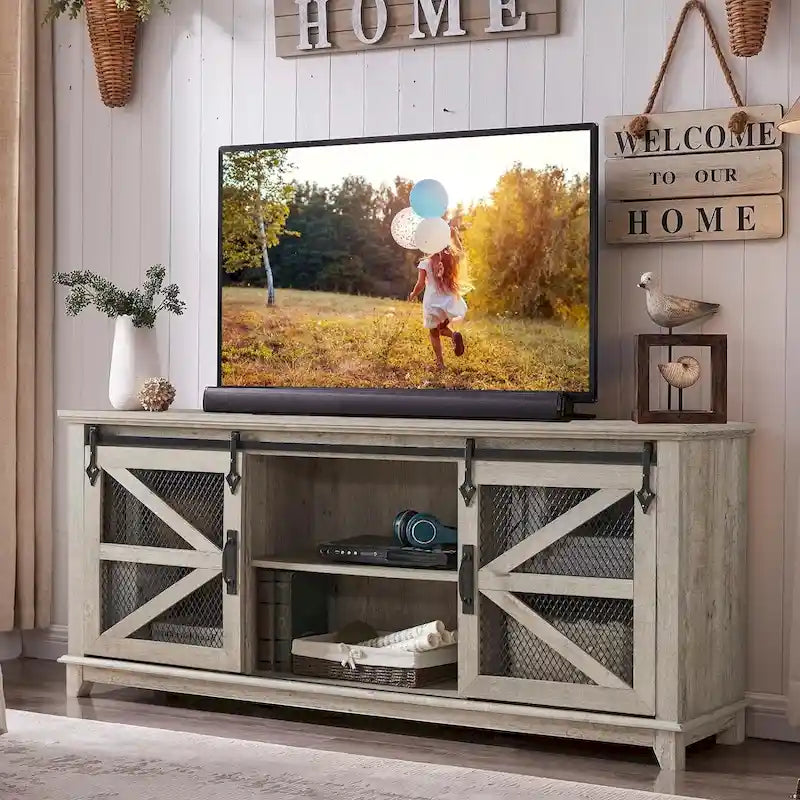 Farmhouse Sliding Barn Door TV Stand with Mesh Cabinet Doors and Adjustable Shelves Antique White