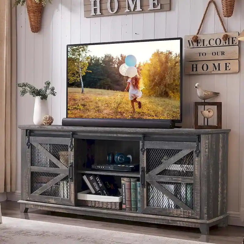 Farmhouse Sliding Barn Door TV Stand with Mesh Cabinet Doors and Adjustable Shelves Antique White