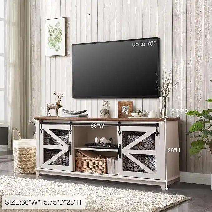 Farmhouse Sliding Barn Door TV Stand with Mesh Cabinet Doors and Adjustable Shelves Antique White