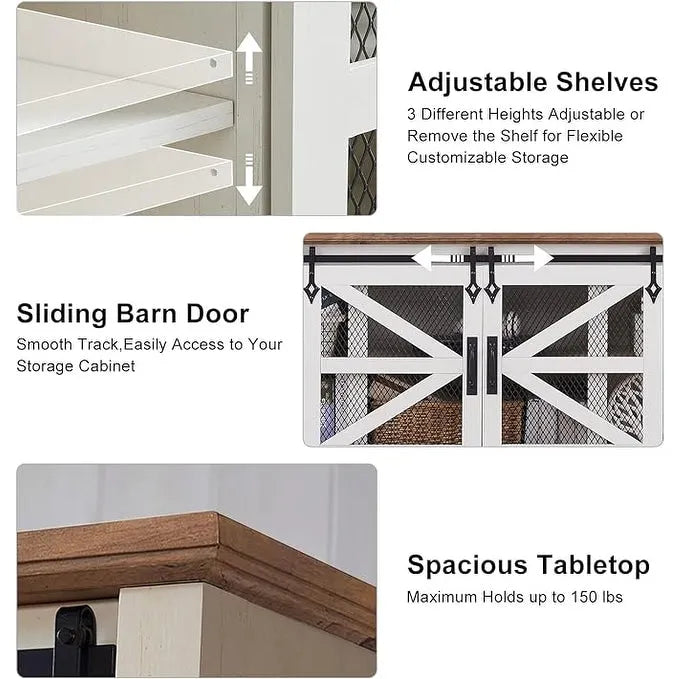 Meuble TV de ferme avec portes coulissantes de grange en maille et étagères réglables Blanc antique