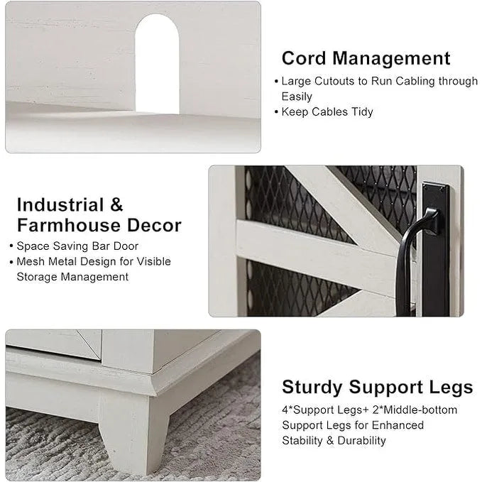 Farmhouse Sliding Barn Door TV Stand with Mesh Cabinet Doors and Adjustable Shelves Antique White