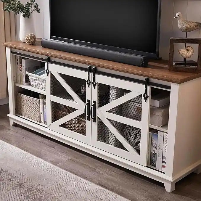 Meuble TV de ferme avec portes coulissantes de grange en maille et étagères réglables Blanc antique
