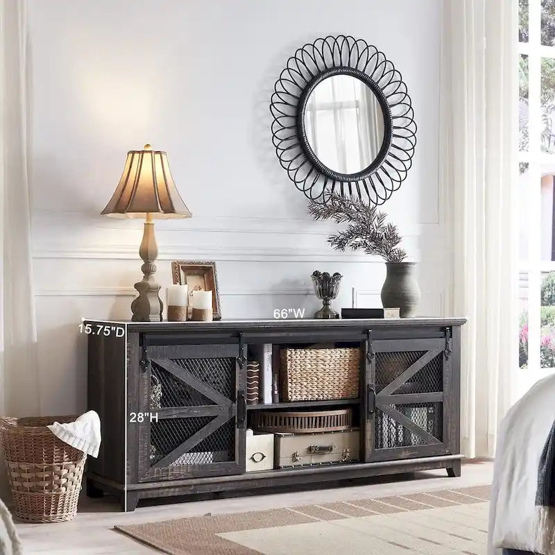 Meuble TV de ferme avec portes coulissantes de grange en maille et étagères réglables Blanc antique