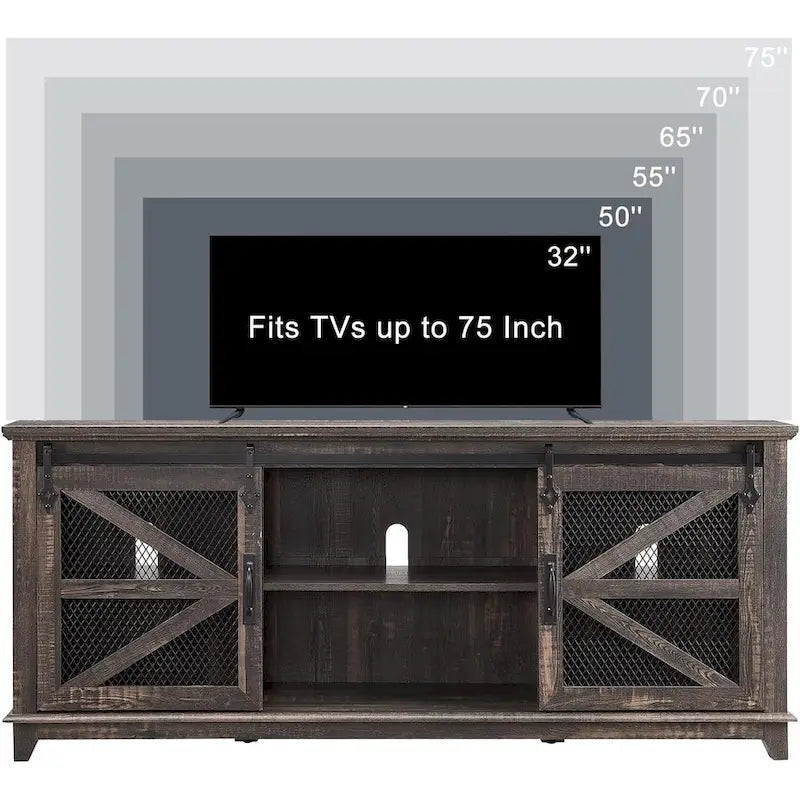 Meuble TV de ferme avec portes coulissantes de grange en maille et étagères réglables Blanc antique