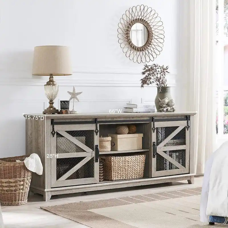 Meuble TV de ferme avec portes coulissantes de grange en maille et étagères réglables Blanc antique