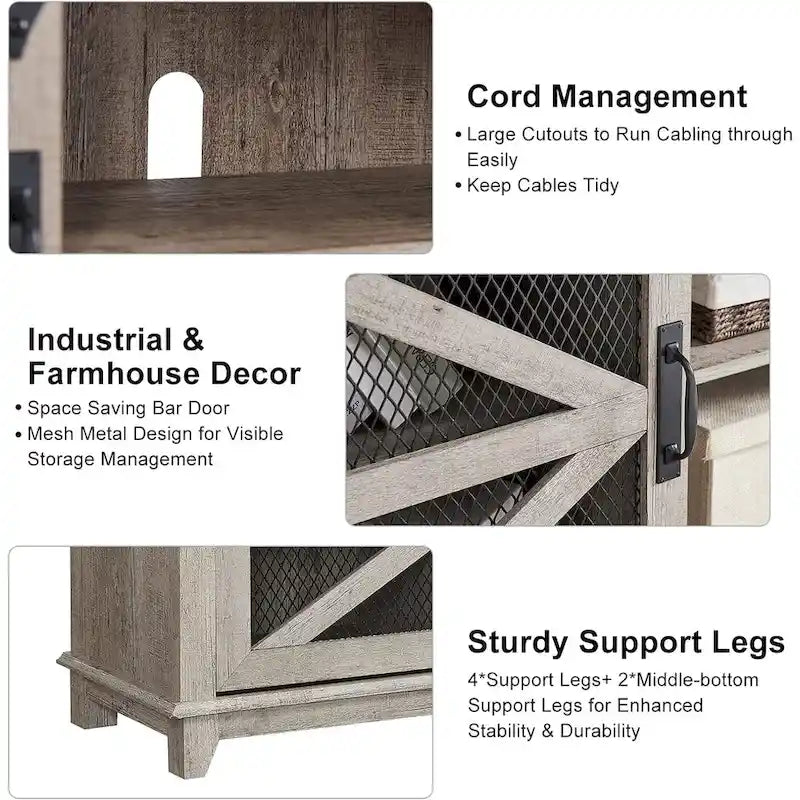 Meuble TV de ferme avec portes coulissantes de grange en maille et étagères réglables Blanc antique