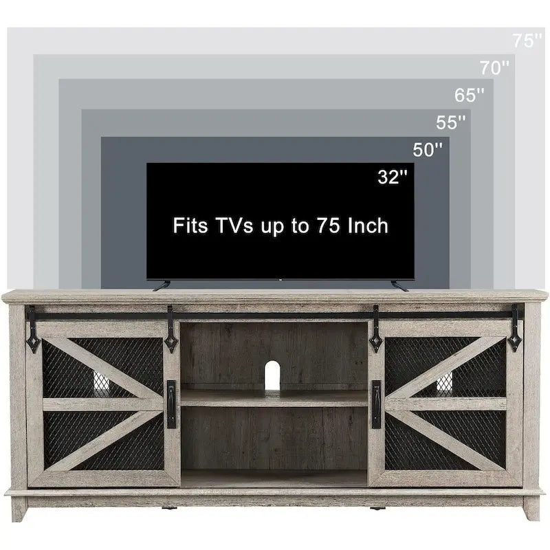 Meuble TV de ferme avec portes coulissantes de grange en maille et étagères réglables Blanc antique