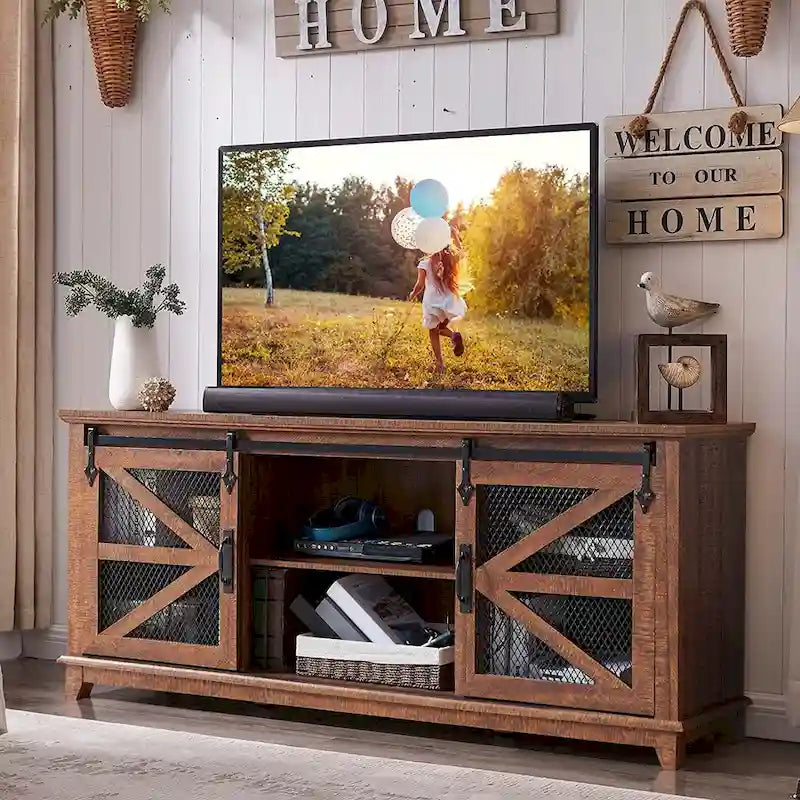 Meuble TV de ferme avec portes coulissantes de grange en maille et étagères réglables Blanc antique