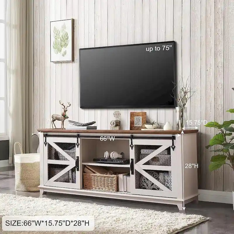 Meuble TV de ferme avec portes coulissantes de grange en maille et étagères réglables Blanc antique