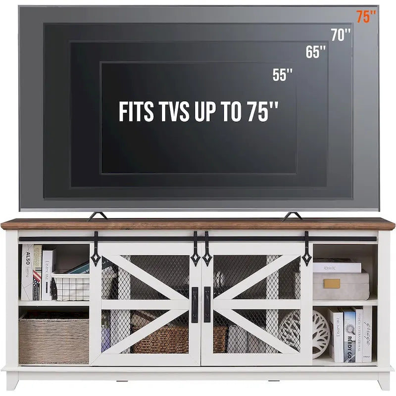 Meuble TV de ferme avec portes coulissantes de grange en maille et étagères réglables Blanc antique