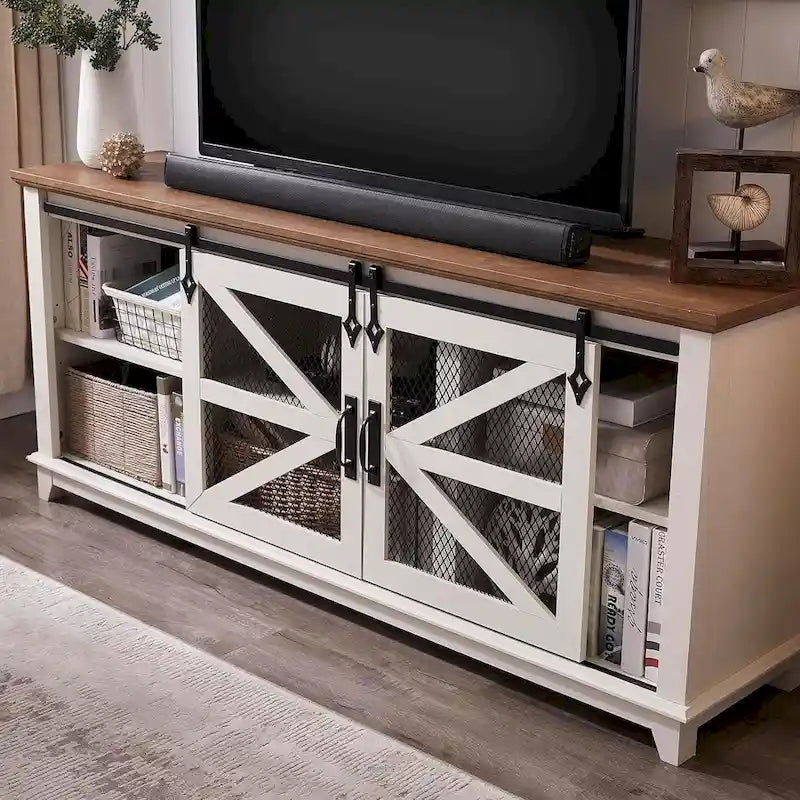 Meuble TV de ferme avec portes coulissantes de grange en maille et étagères réglables Blanc antique