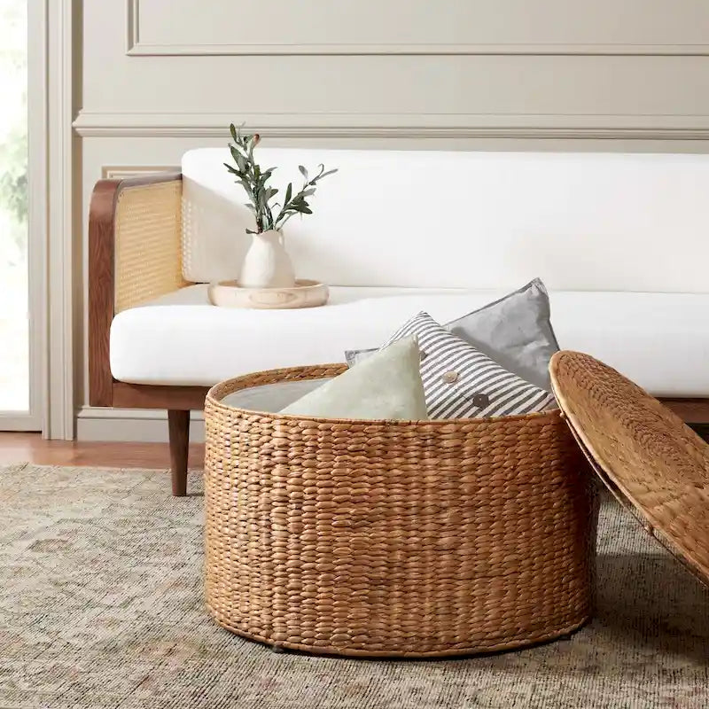 Round Wicker Storage Coffee Table with Lid Cotton Lined Interior