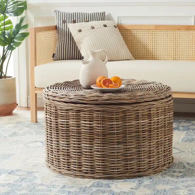 Round Wicker Storage Coffee Table with Lid Cotton Lined Interior