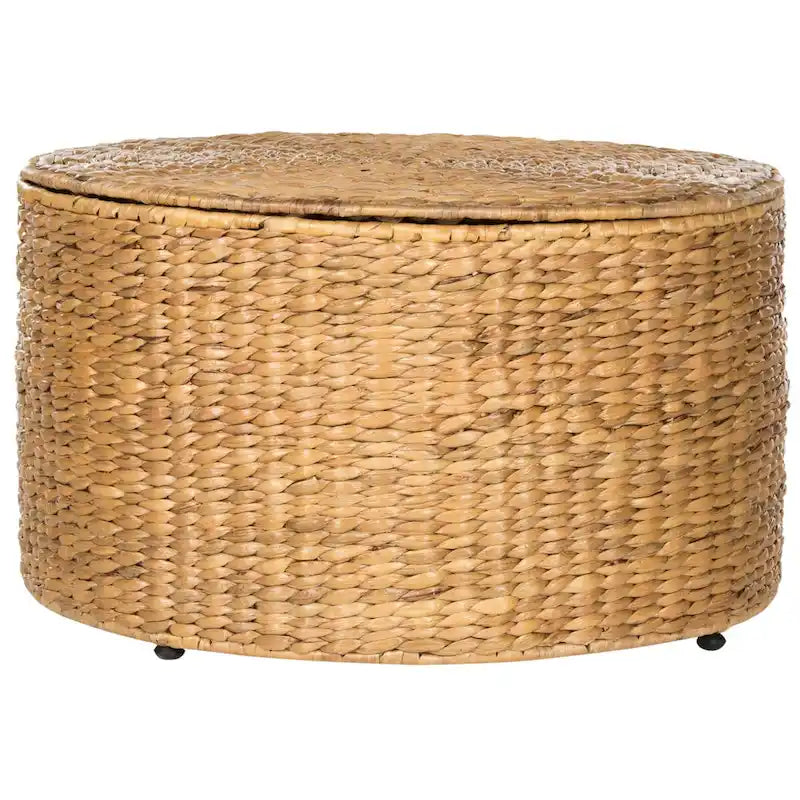 Round Wicker Storage Coffee Table with Lid Cotton Lined Interior