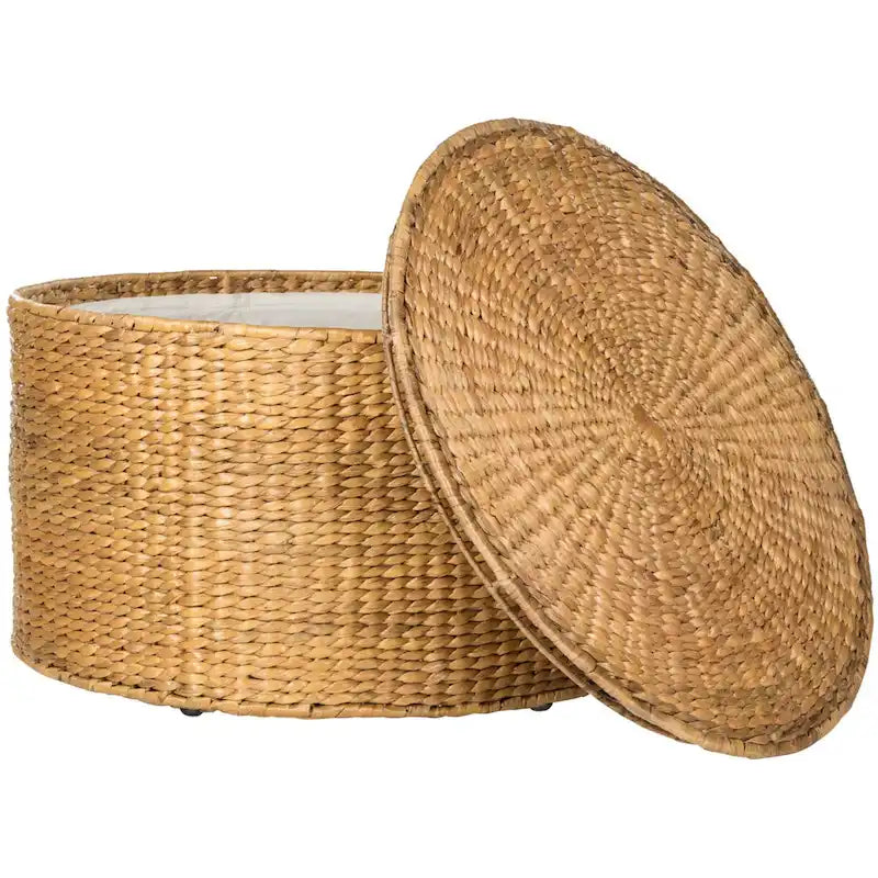 Round Wicker Storage Coffee Table with Lid Cotton Lined Interior