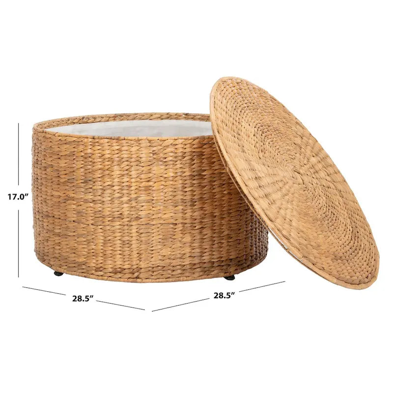 Round Wicker Storage Coffee Table with Lid Cotton Lined Interior