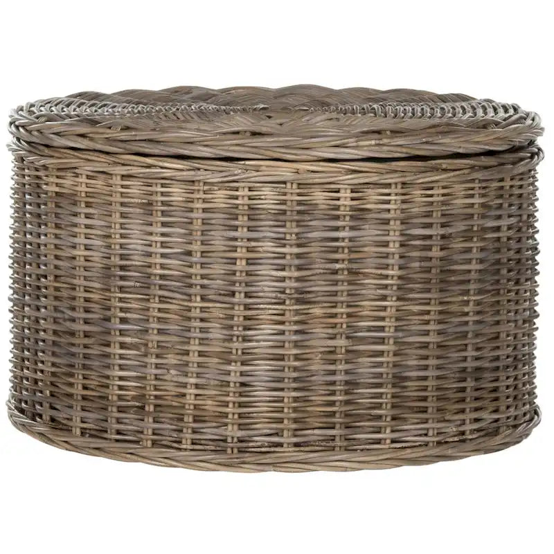 Round Wicker Storage Coffee Table with Lid Cotton Lined Interior