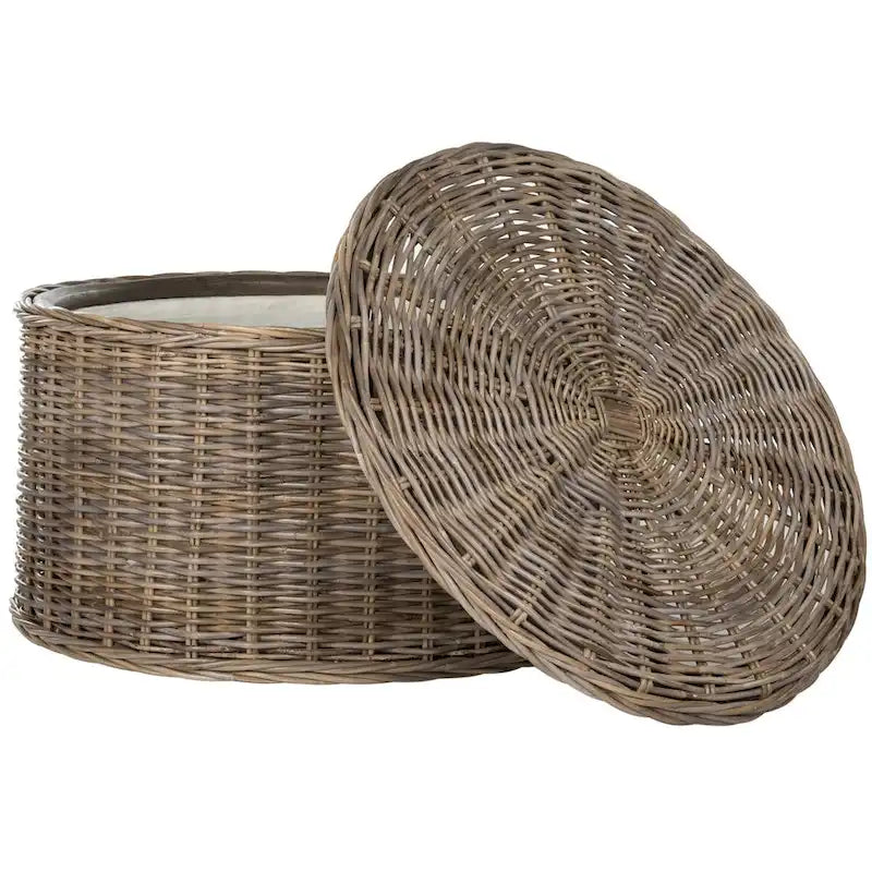 Round Wicker Storage Coffee Table with Lid Cotton Lined Interior