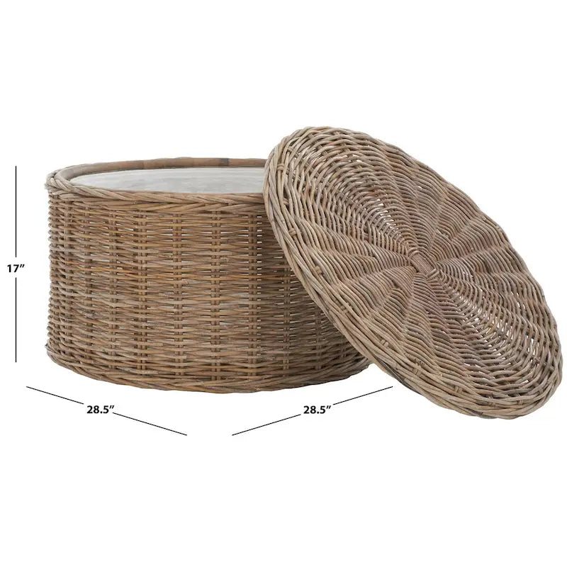 Round Wicker Storage Coffee Table with Lid Cotton Lined Interior