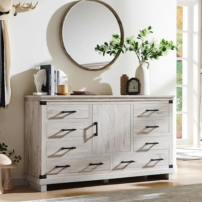 Farmhouse 8 Drawer Dresser, Wood Long Chest of Drawers, Closet Dresser