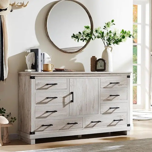 Farmhouse 8 Drawer Dresser, Wood Long Chest of Drawers, Closet Dresser