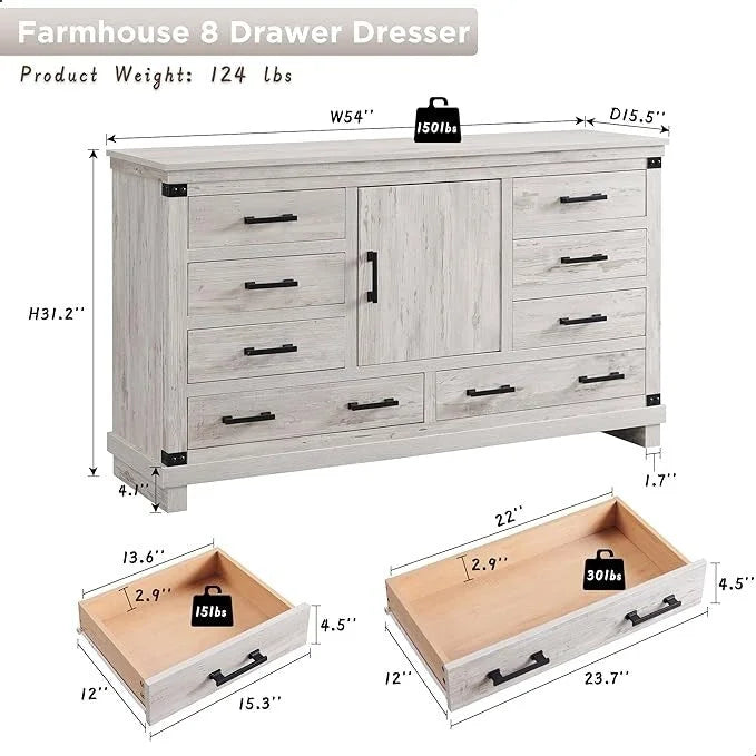 8 Drawer Wood Dresser Farmhouse Rustic Nailhead Chest of Drawers