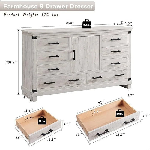 8 Drawer Wood Dresser Farmhouse Rustic Nailhead Chest of Drawers