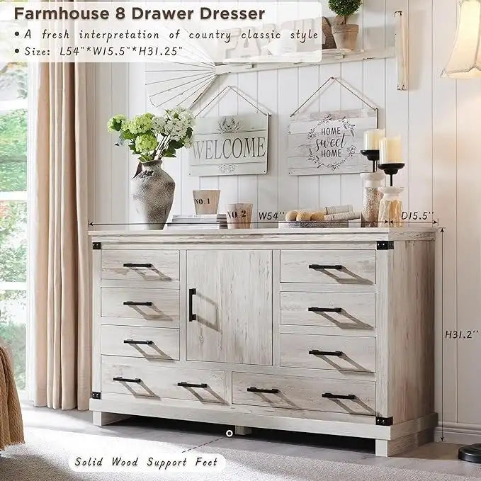 8 Drawer Wood Dresser Farmhouse Rustic Nailhead Chest of Drawers