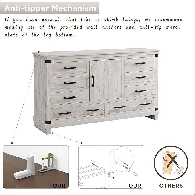 8 Drawer Wood Dresser Farmhouse Rustic Nailhead Chest of Drawers