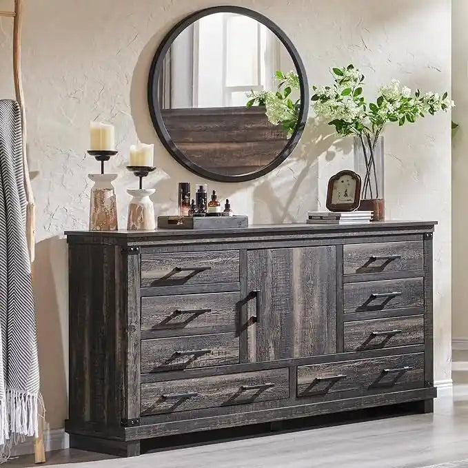 8 Drawer Wood Dresser Farmhouse Rustic Nailhead Chest of Drawers